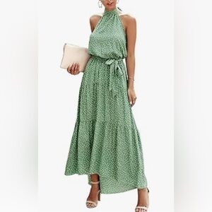 Green maxi dress with white polka dots. Backless. comfortable and lightweight.